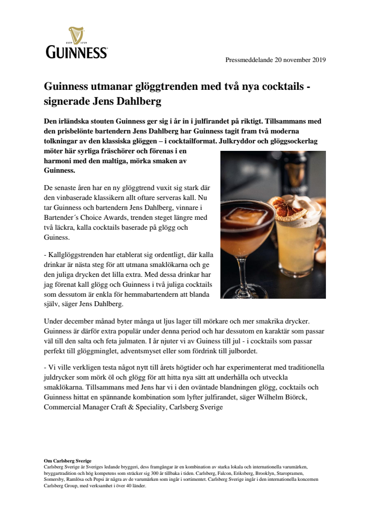 Guinness utmanar glöggtrenden med två nya cocktails - signerade Jens Dahlberg