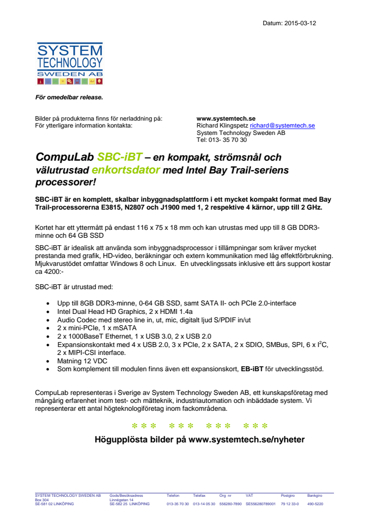 SBC-iBT - En kompakt, strömsnål och välutrustad enkortsdator 