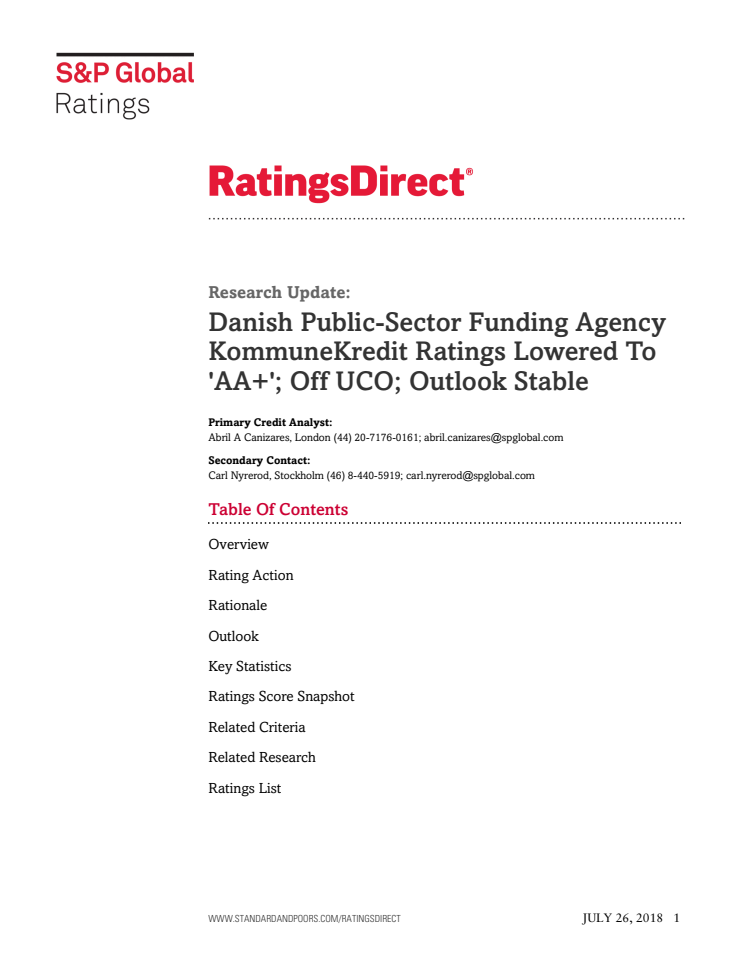 S&P Rating Update as of 26 July 2018