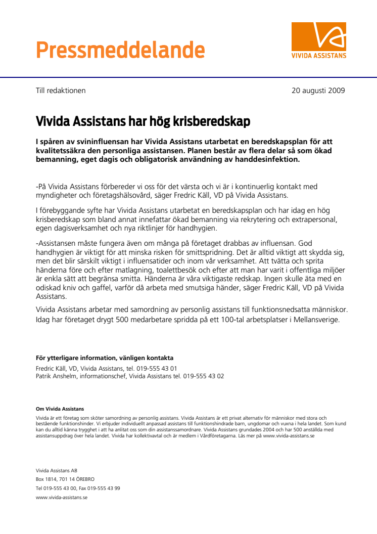 Vivida Assistans har hög krisberedskap 