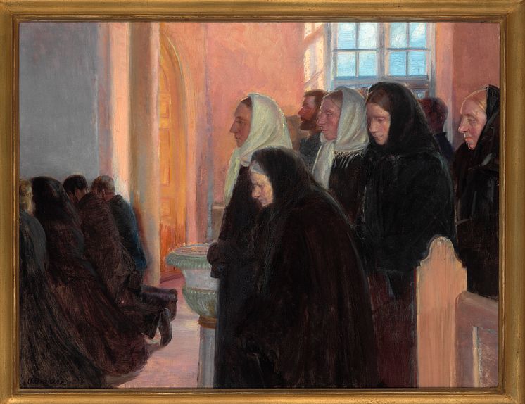 Anna Ancher- "Altergang i Skagens Kirke". 1899. Signeret. Olie på lærred. 62 x 81 cm. Vurdering- 600.000-800.000 kr.