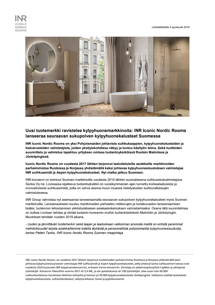 Uusi tuotemerkki ravistelee kylpyhuonemarkkinoita: INR Iconic Nordic Rooms lanseeraa seuraavan sukupolven kylpyhuonekalusteet Suomessa