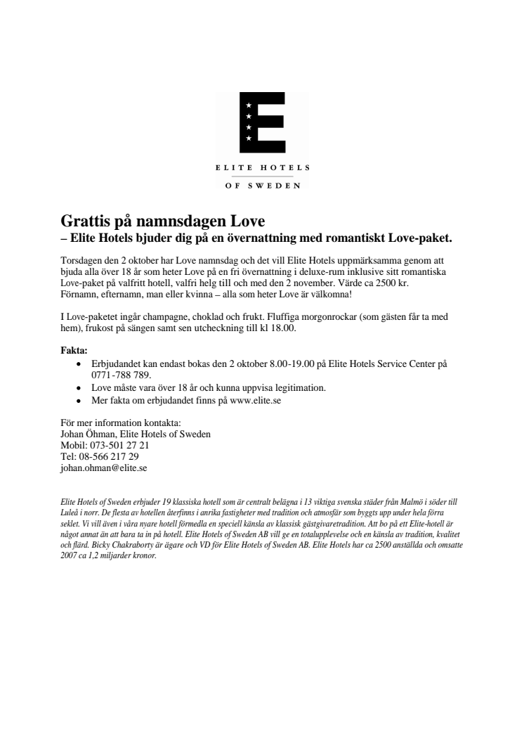 Grattis på namnsdagen Love - Elite Hotels bjuder dig på en övernattning med romantiskt Love-paket