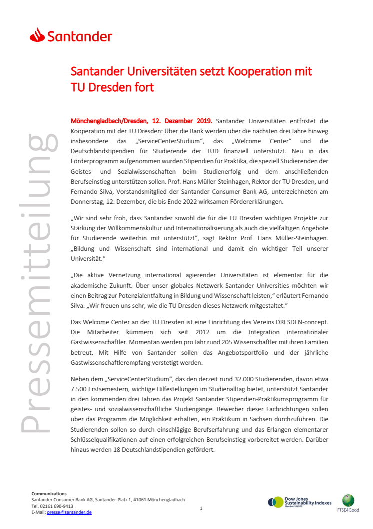 Santander Universitäten setzt Kooperation mit TU Dresden fort 