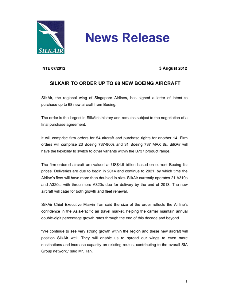 SilkAir to Order Up to 68 New Boeing Aircraft
