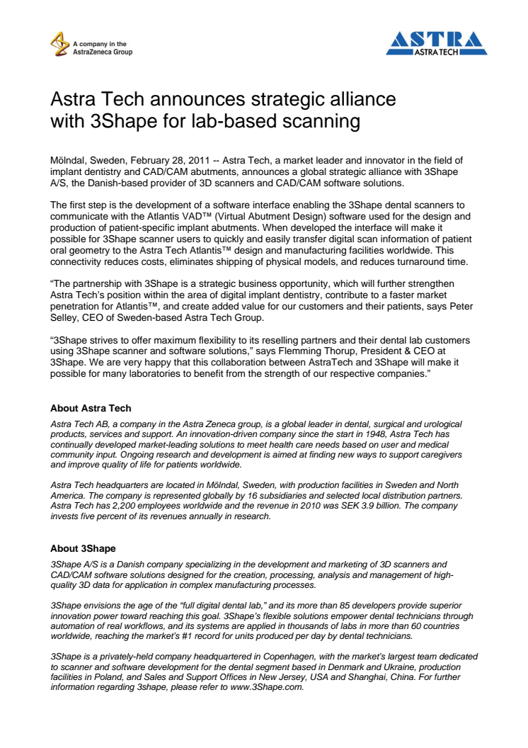 Astra Tech announces strategic alliance with 3Shape for lab-based scanning