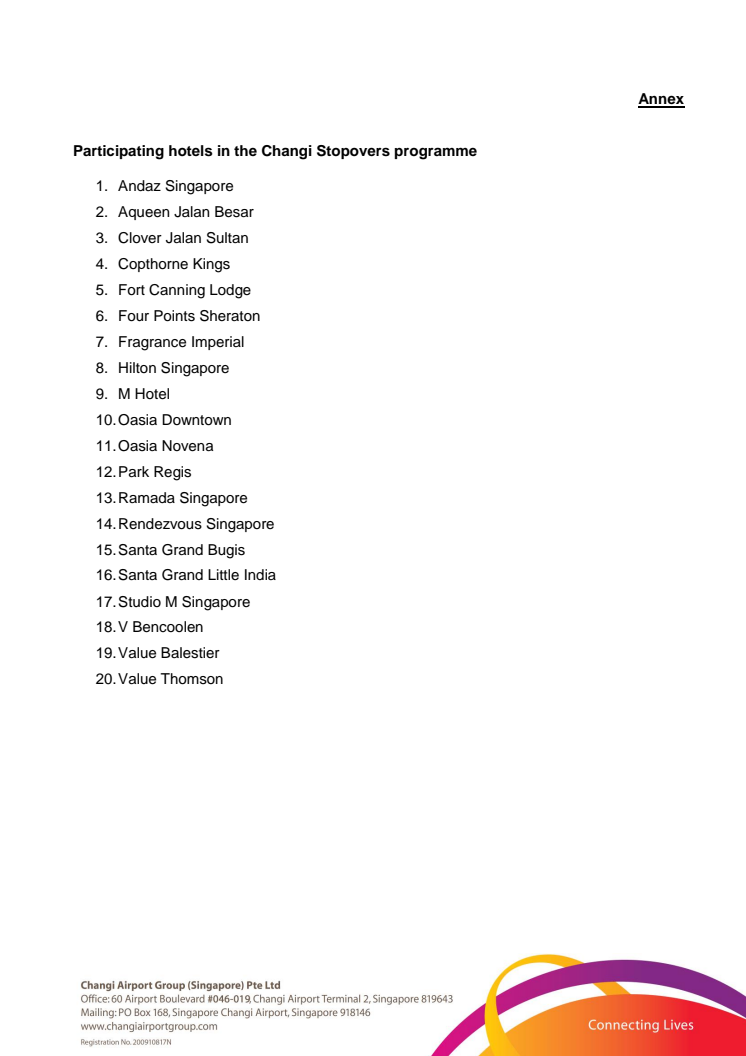 Annex - Participating hotels in the Changi Stopovers programme