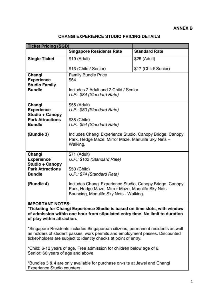 Changi Experience Studio Pricing Details