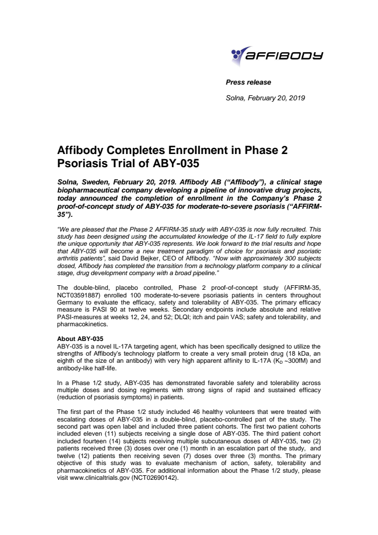 Affibody Completes Enrollment in Phase 2 Psoriasis Trial of ABY-035