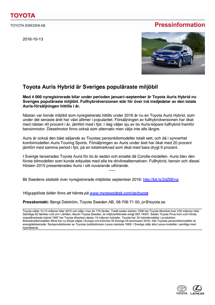 Toyota Auris Hybrid är Sveriges populäraste miljöbil