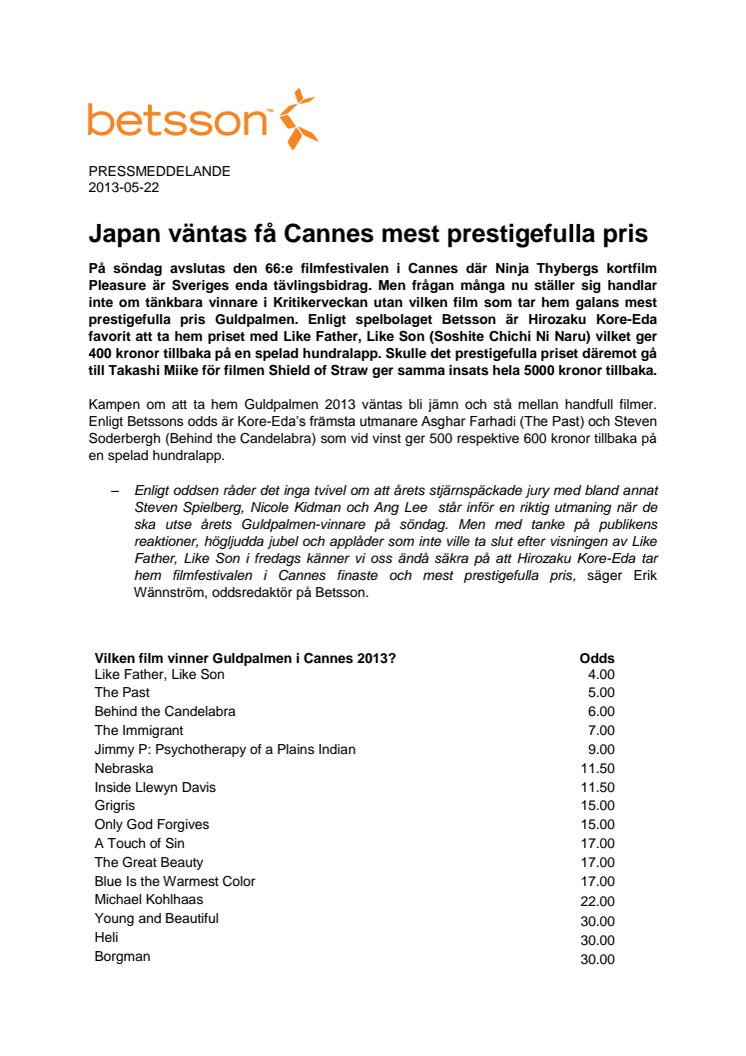 Japan väntas få Cannes mest prestigefulla pris