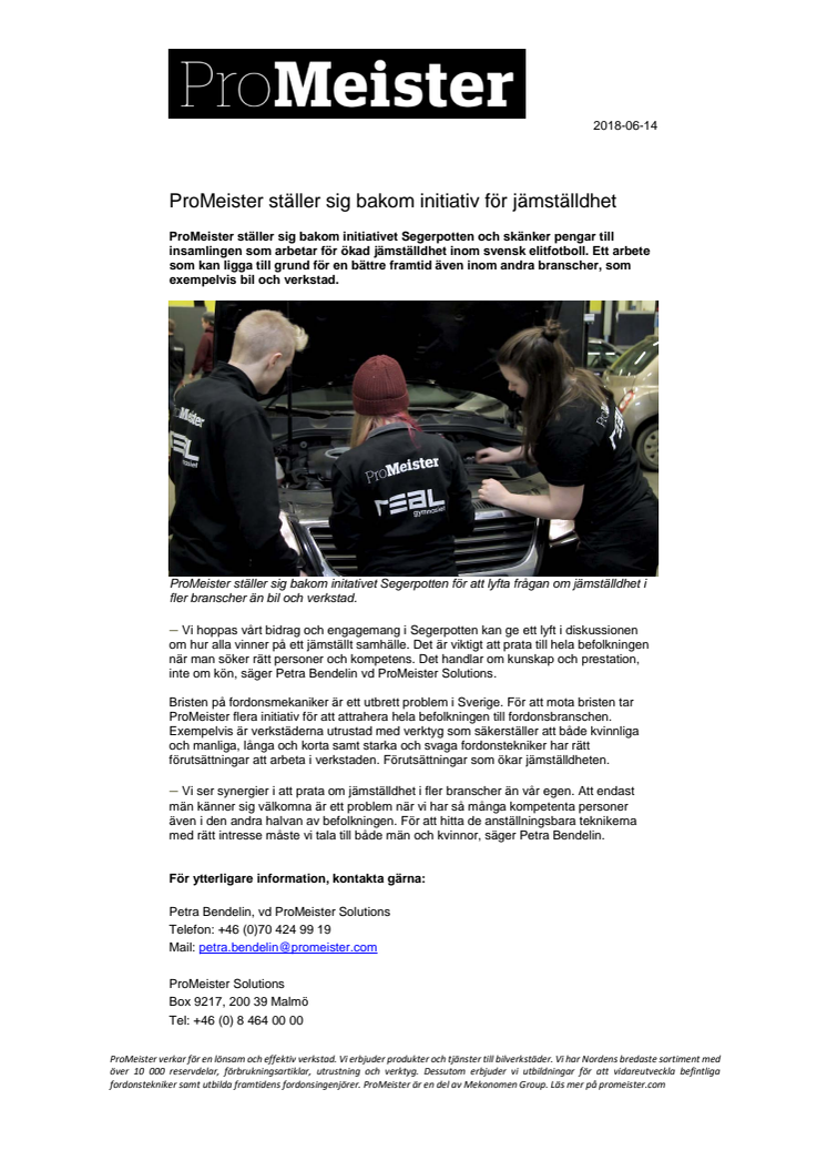 ProMeister ställer sig bakom initiativ för jämställdhet