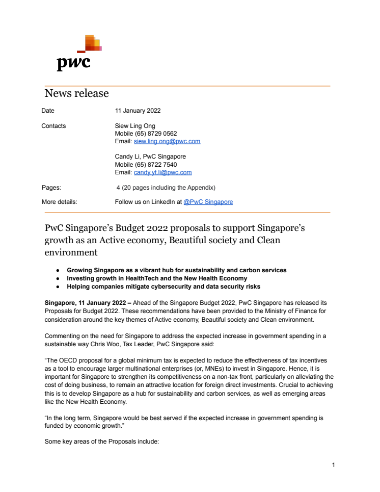 PwC SG’s Budget 2022 proposals to support Singapore’s growth as an Active economy, Beautiful society and Clean Environemnt