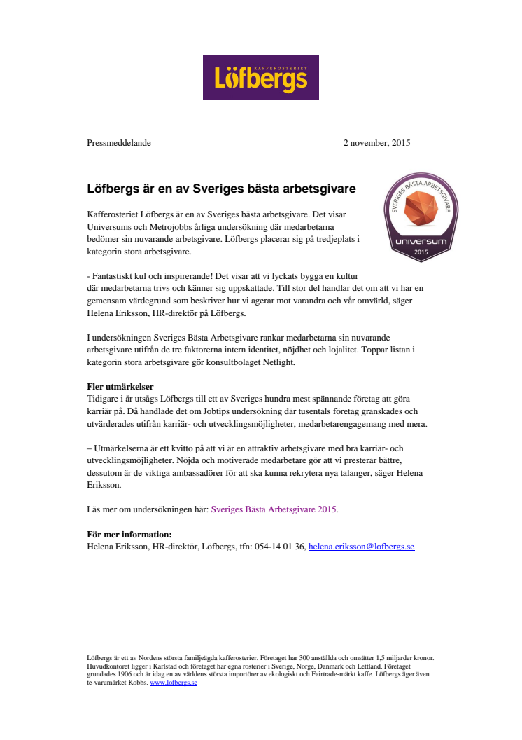Löfbergs är en av Sveriges bästa arbetsgivare