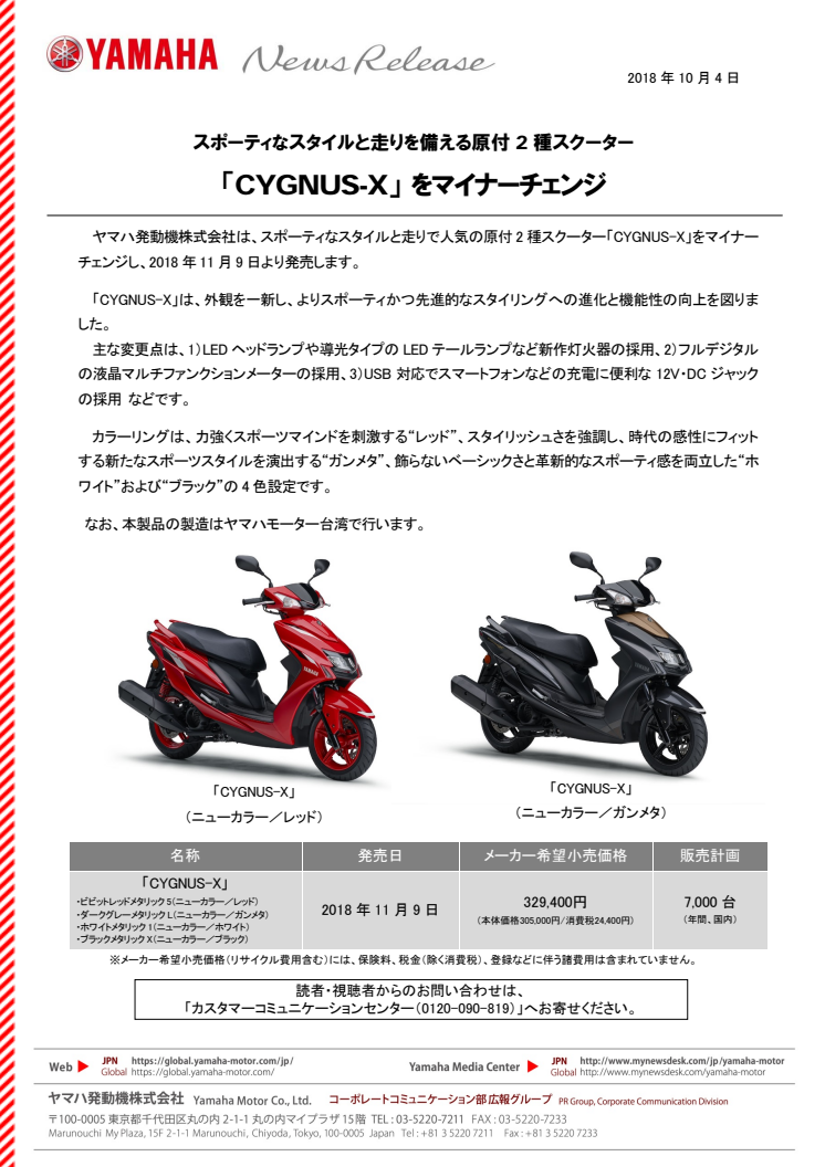 「CYGNUS-X」 をマイナーチェンジ　スポーティなスタイルと走りを備える原付2種スクーター