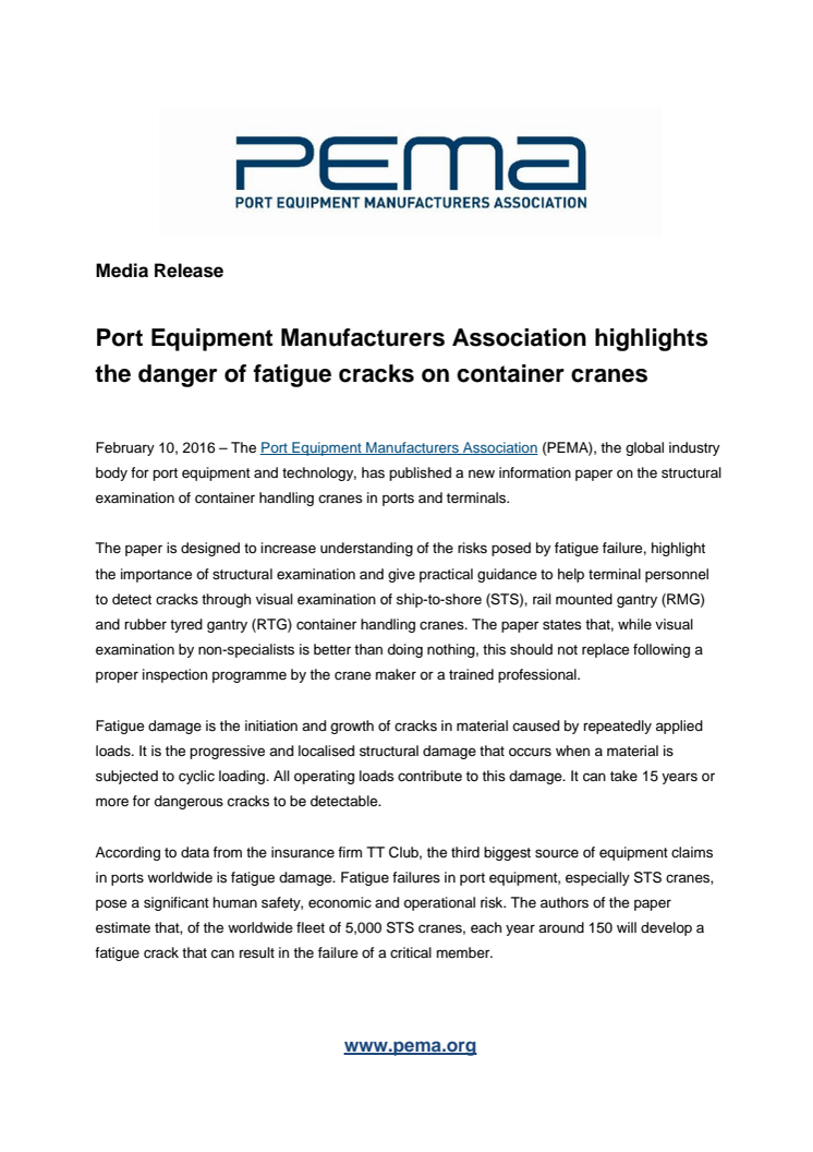 PEMA highlights the danger of fatigue cracks on container cranes