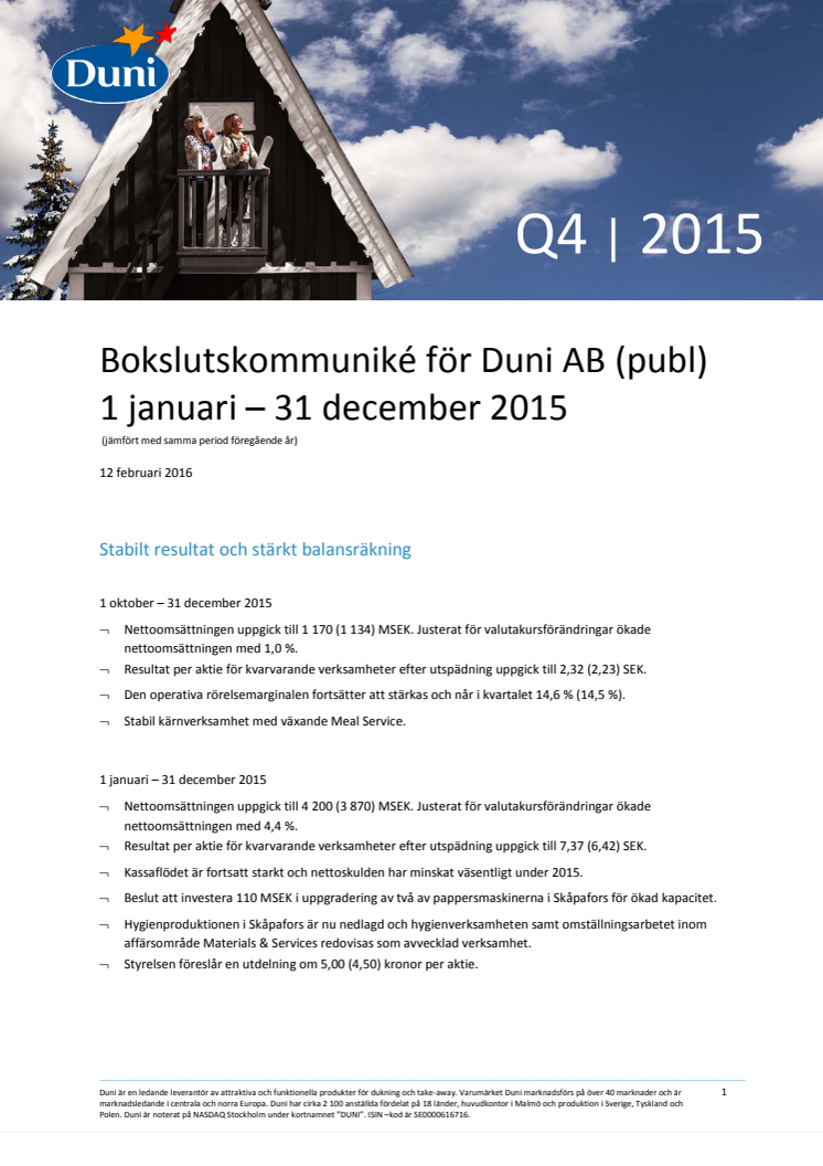 Bokslutskommuniké för Duni AB (publ) 1 januari – 31 december 2015