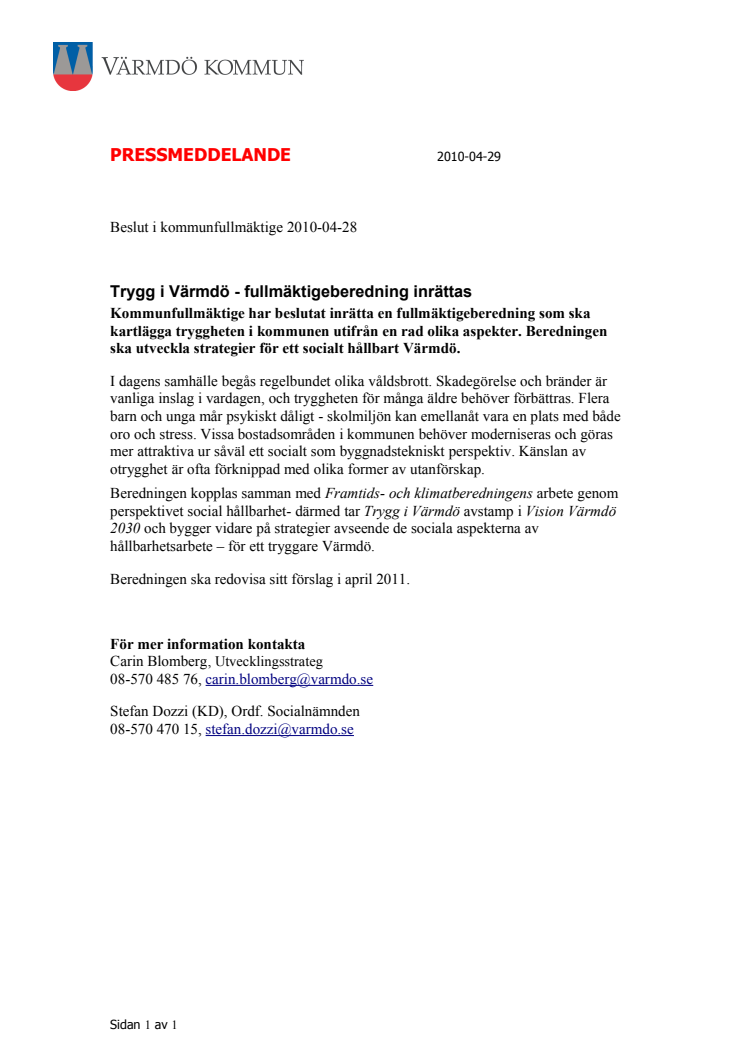 Trygg i Värmdö - fullmäktigeberedning inrättas 