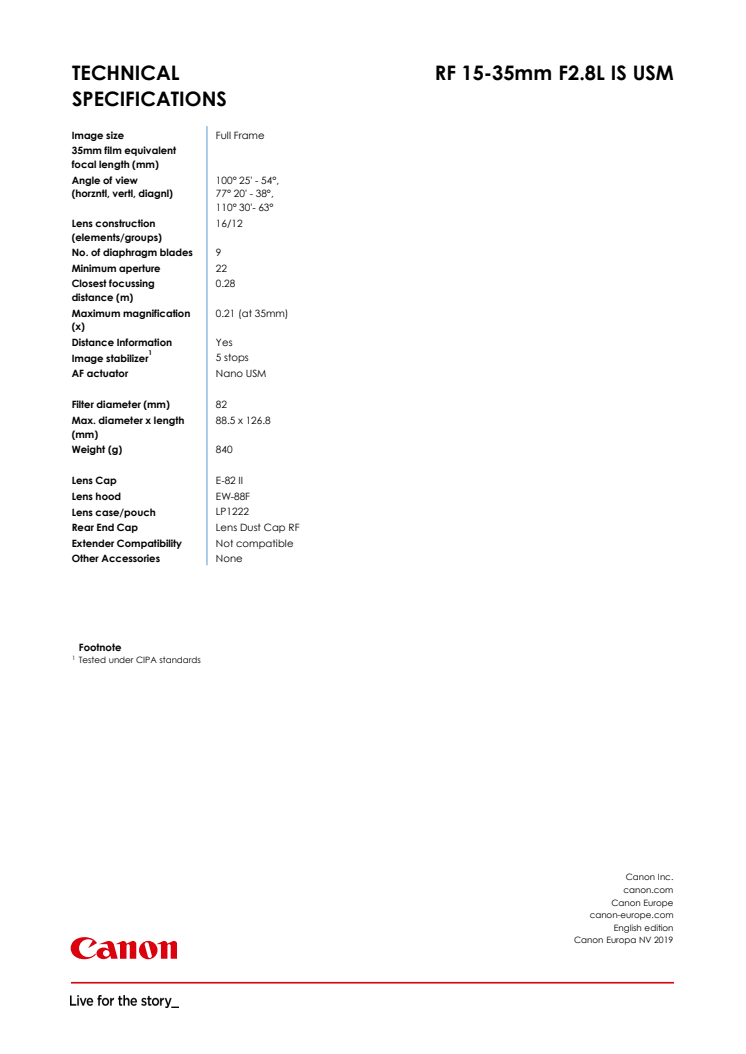 Canon Tekniska specifikationer RF 15-35mm F2.8L IS USM