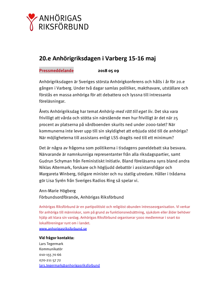 20.e Anhörigriksdagen i Varberg 15-16 maj