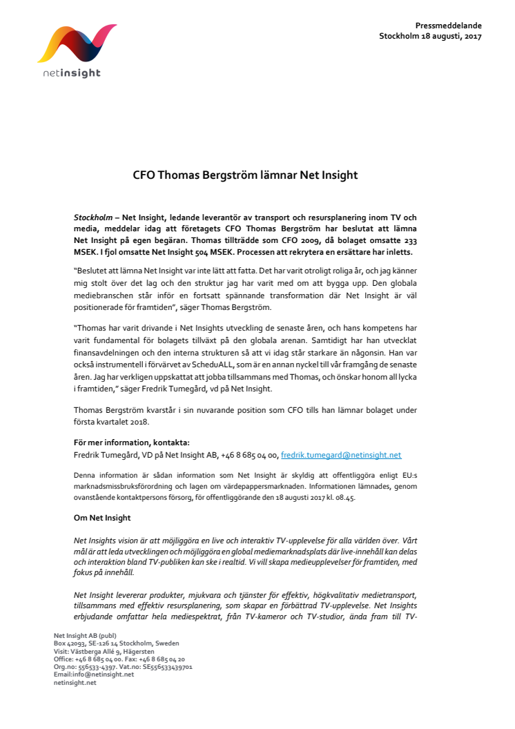CFO Thomas Bergström lämnar Net Insight