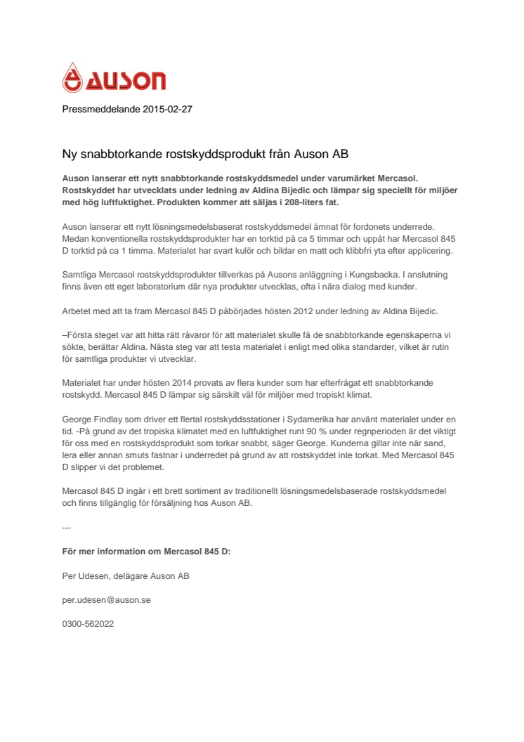 Nytt snabbtorkande rostskyddsmedel från Auson