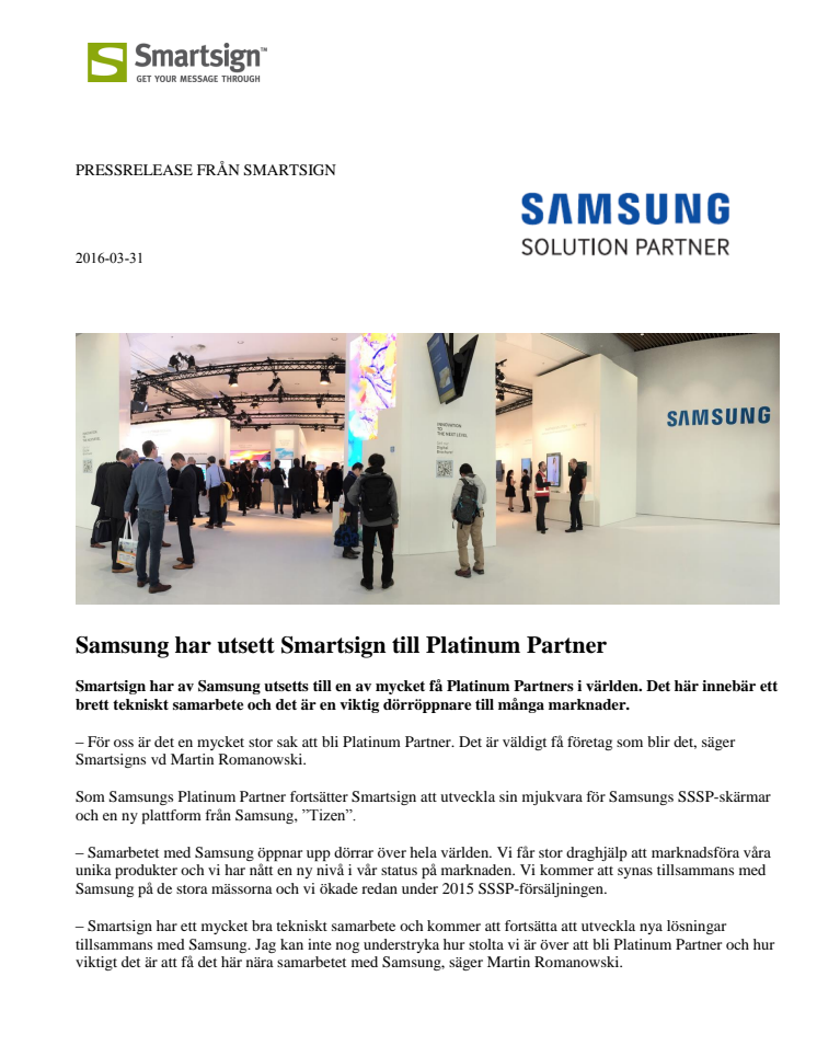 Samsung har utsett Smartsign till Platinum Partner