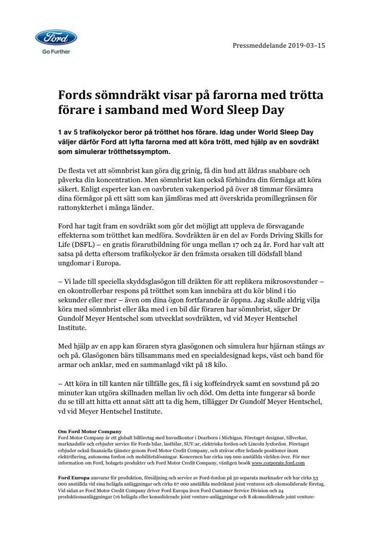 Fords sömndräkt visar på farorna med trötta förare i samband med Word Sleep Day