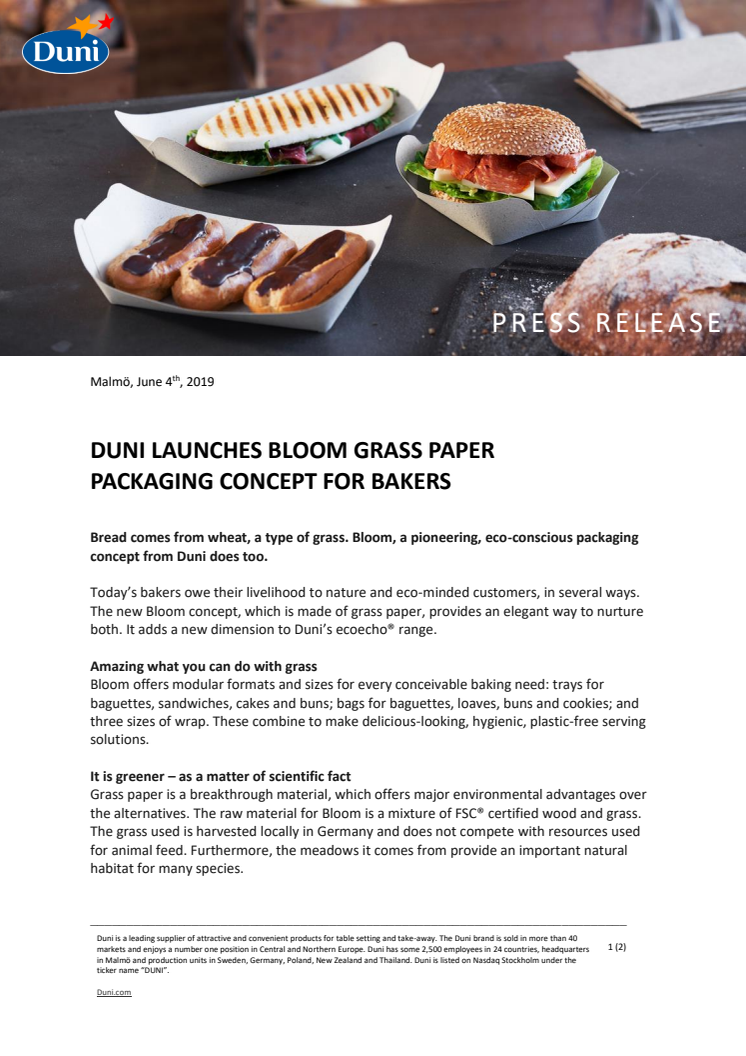 DUNI LAUNCHES BLOOM GRASS PAPER PACKAGING CONCEPT FOR BAKERS