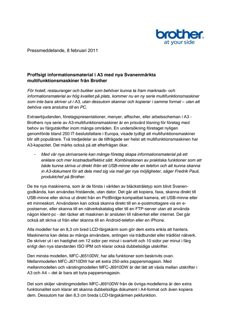 Proffsigt informationsmaterial i A3 med nya Svanenmärkta multifunktionsmaskiner från Brother