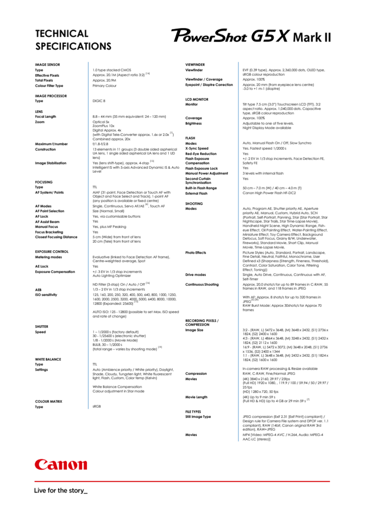 PowerShot G5X Mark II PR Spec Sheet