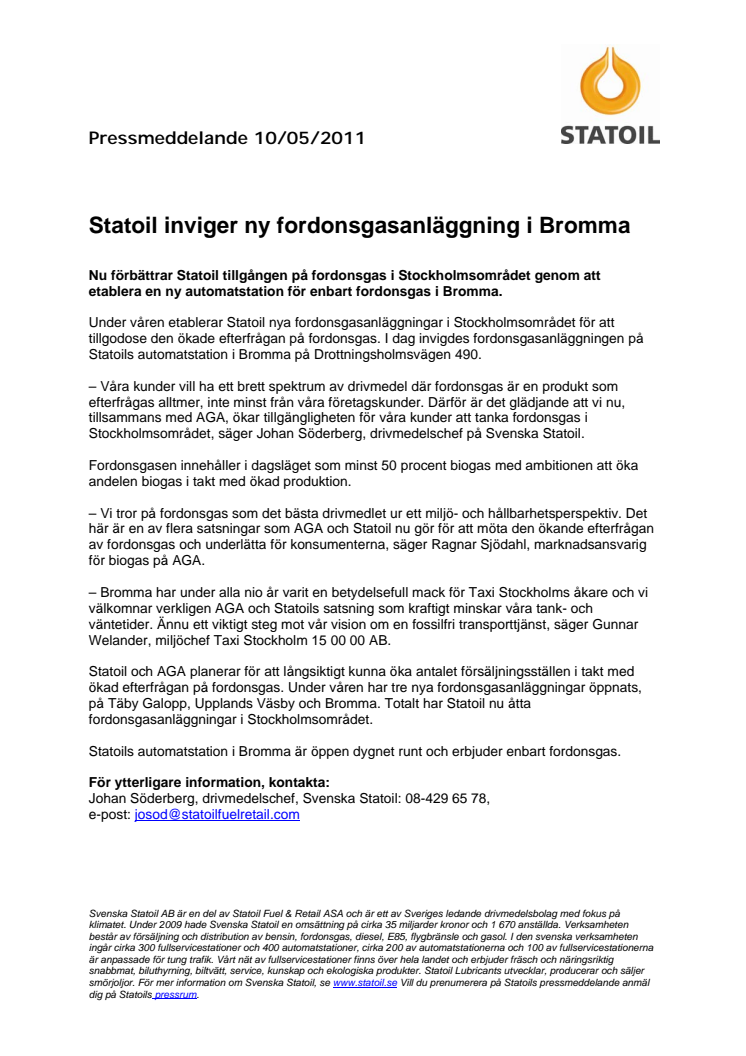 Statoil inviger ny fordonsgasanläggning i Bromma 