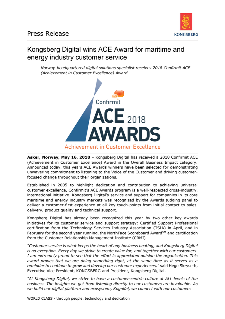 Kongsberg Digital wins ACE Award for maritime and energy industry customer service