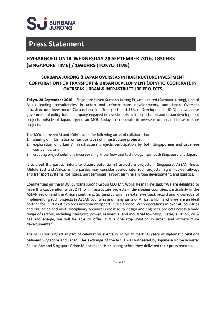 Surbana Jurong & Japan Overseas Infrastructure Investment Corporation for Transport & Urban Development (JOIN) to cooperate in overseas urban & infrastructure projects