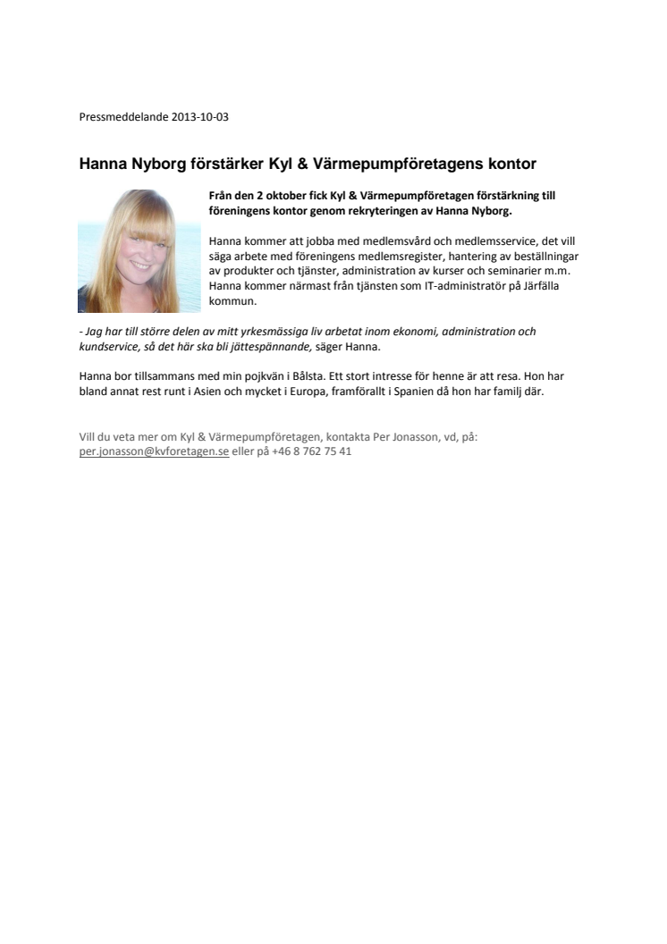 Hanna Nyborg förstärker Kyl & Värmepumpföretagens kontor