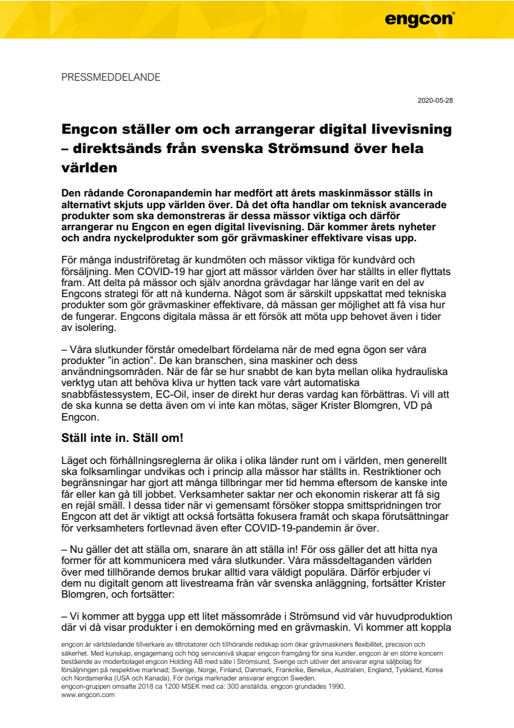 Engcon ställer om och arrangerar digital livevisning  – direktsänds från svenska Strömsund över hela världen