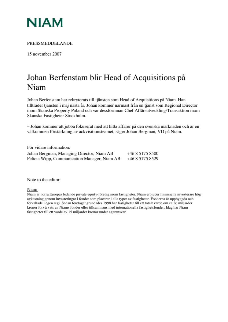 Johan Berfenstam blir Head of Acquisitions på Niam