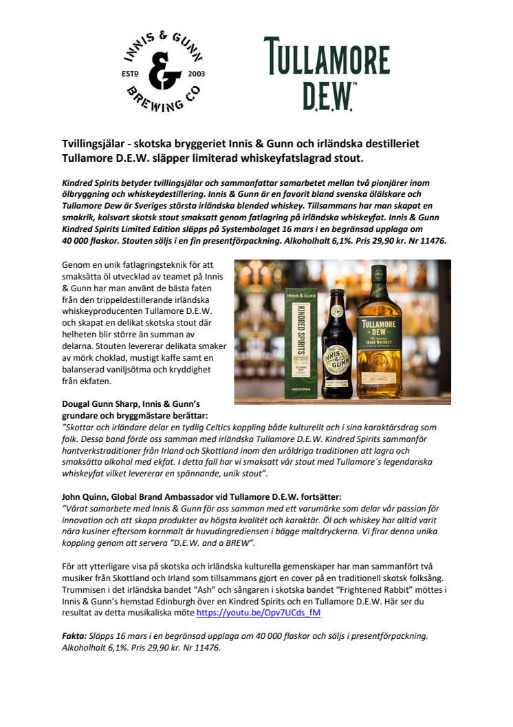 Tvillingsjälar - skotska bryggeriet Innis & Gunn och irländska destilleriet Tullamore D.E.W. släpper limiterad whiskeyfatslagrad stout. 