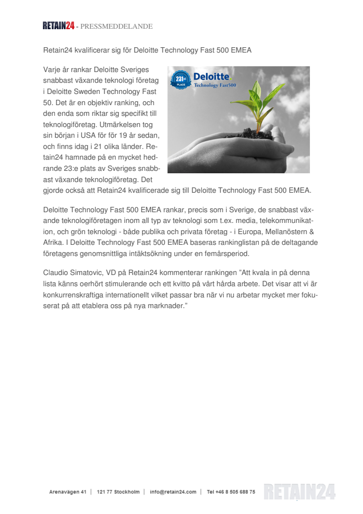Retain24 kvalificerar sig för Deloitte Technology Fast 500 EMEA
