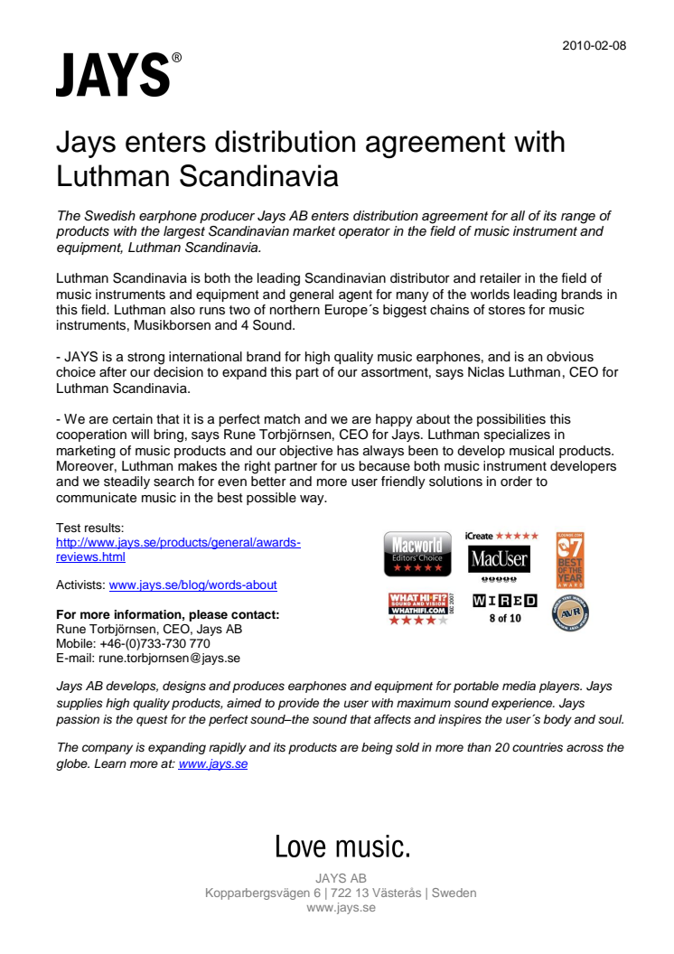 Jays enters distribution agreement with Luthman Scandinavia