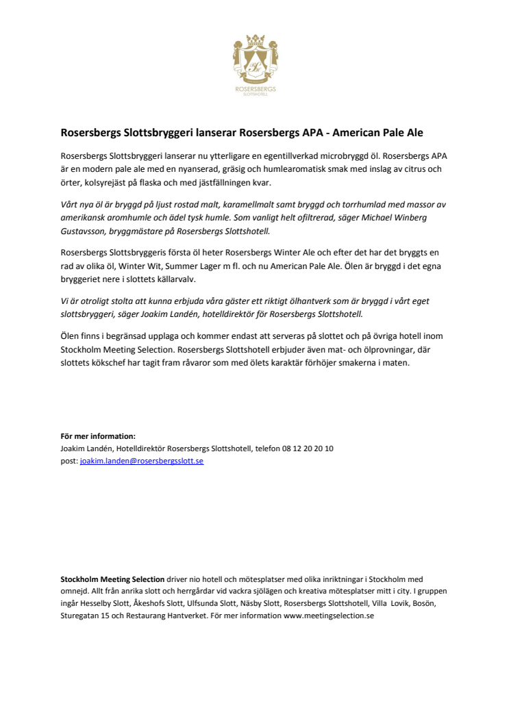 Rosersbergs Slottsbryggeri lanserar Rosersbergs APA - American Pale Ale