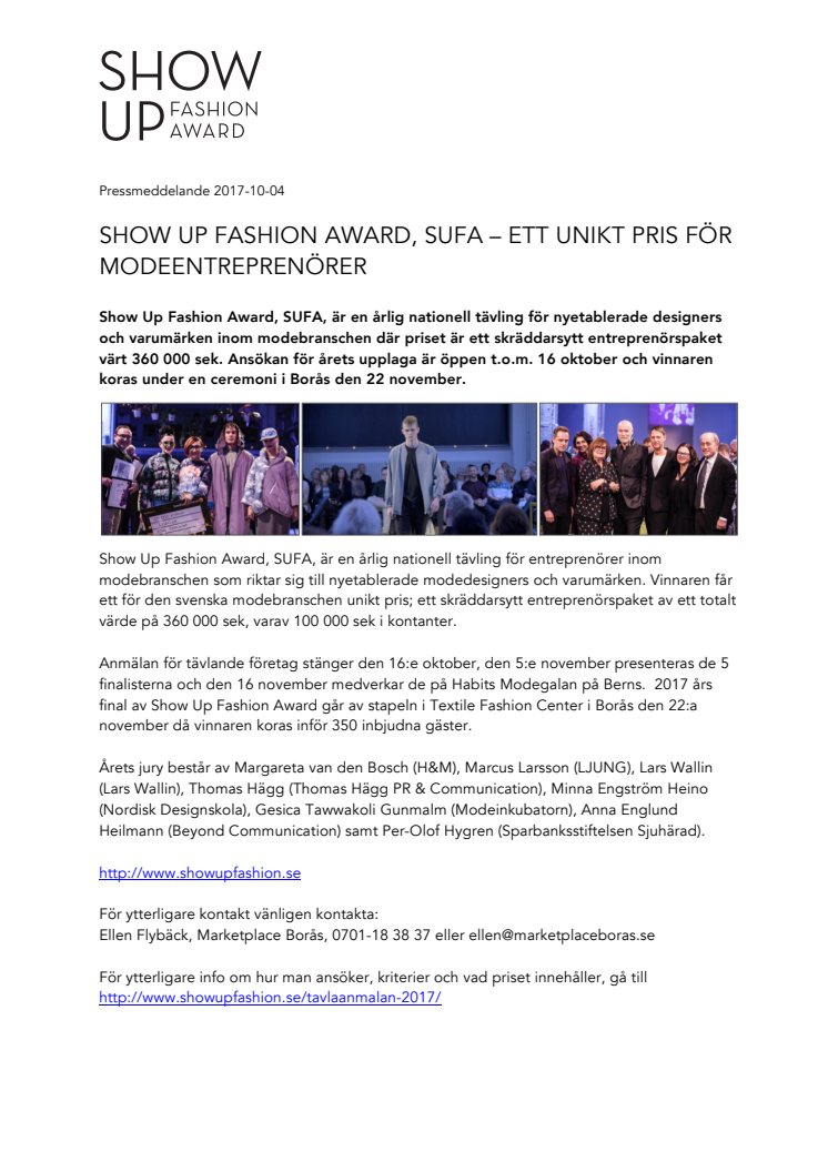 SHOW UP FASHION AWARD, SUFA – ETT UNIKT PRIS FÖR MODEENTREPRENÖRER!