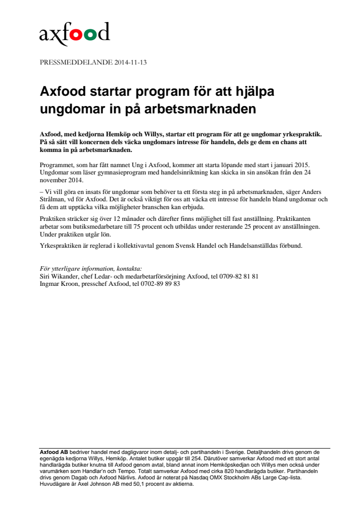 Axfood startar program för att hjälpa ungdomar in på arbetsmarknaden