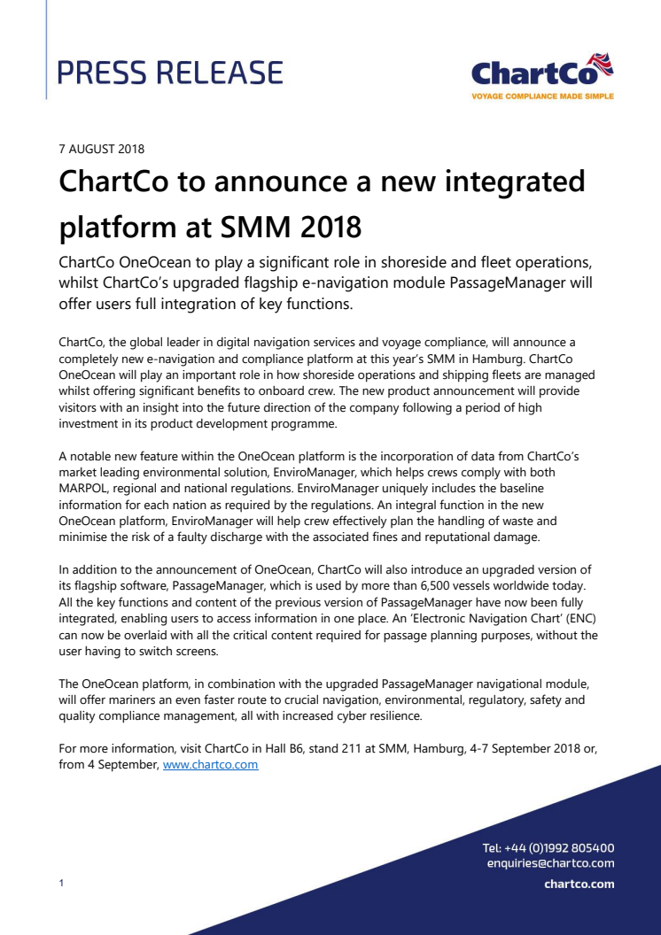 ChartCo: ChartCo to announce a new integrated platform at SMM 2018