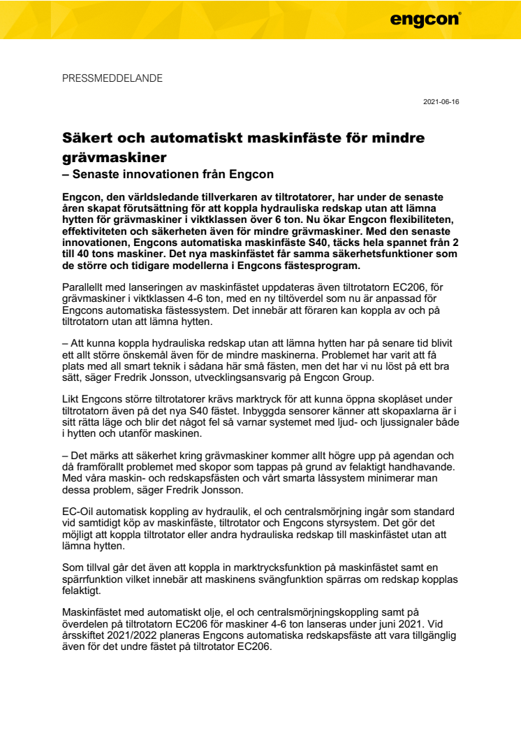 210616_Press_Säkert och automatiskt maskinfäste för mindre grävmaskiner