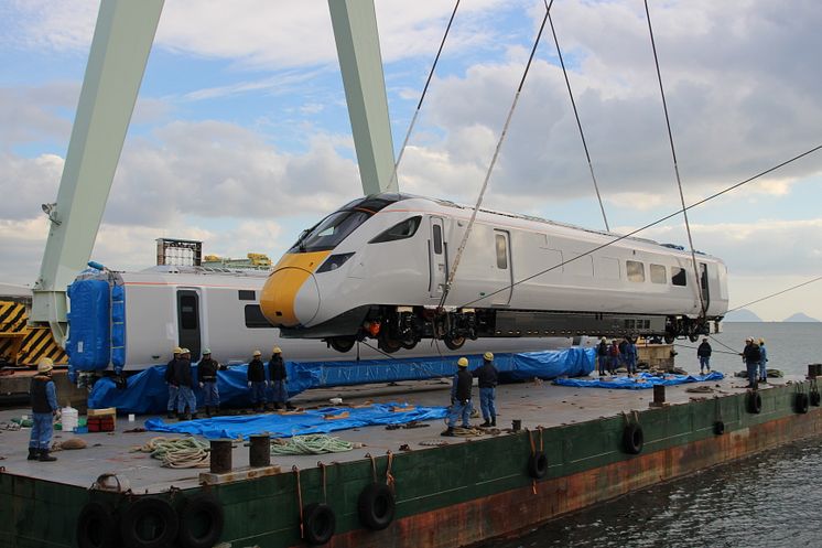 Hitachi Rail ships Train 1 of the Class 800 series from its factory in Kasado, Japan