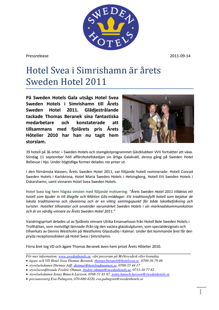 Hotel Svea i Simrishamn är årets Sweden Hotel 2011