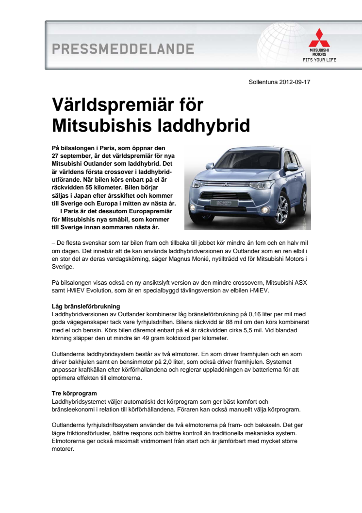 Världspremiär för Mitsubishis laddhybrid