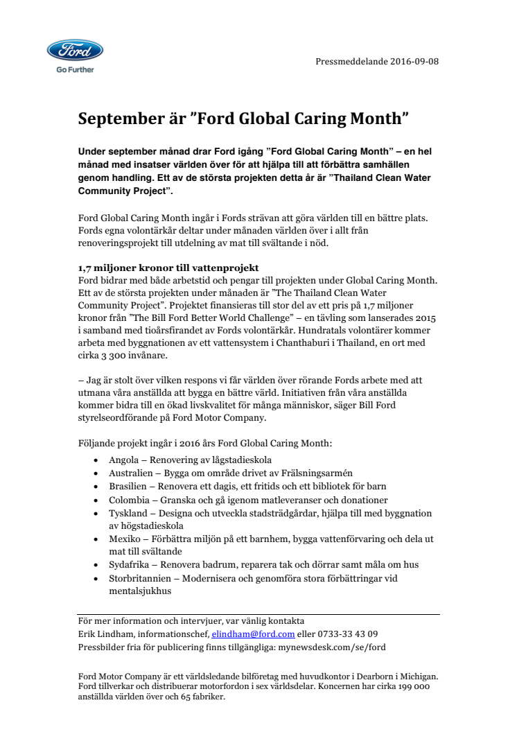 September är ”Ford Global Caring Month”