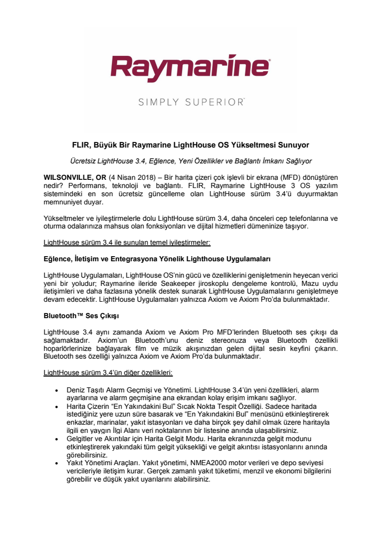 Raymarine: FLIR, Büyük Bir Raymarine LightHouse OS Yükseltmesi Sunuyor